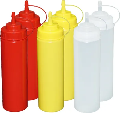 Image de 2 bouteilles à écraser rouges, jaunes et transparentes de 0,76 litre chacune Bouteille distributrice Bouteille à vinaigrette