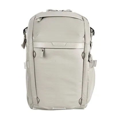 A front view of a gray backpack against a white background.