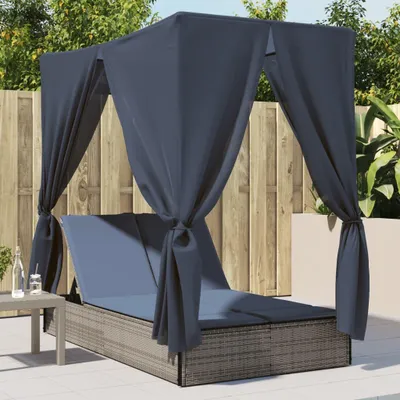 Produktbild von Möbel Doppel-Sonnenliege mit Dach und Vorhängen Grau Poly Rattan - Gartenliegen CC1911