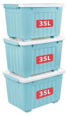 Obrázek produktu pro Úložné boxy na kolečkách, objem 35 litrů, sada 3 kusů, modré barvy, plastové, stohovatelné, vhodné do kanceláře