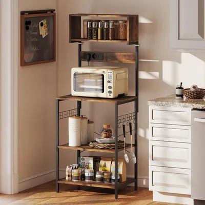 Image de Étagère de cuisine en acier avec 5 niveaux et prise électrique | Couleur : Marron | Dimensions : 60 x 42 x 153 cm