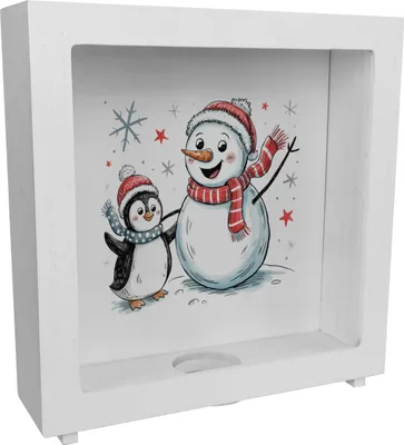 Produktbild von Schneemann und Pinguin mit Schneeflocken Rahmen Spardose aus Holz für