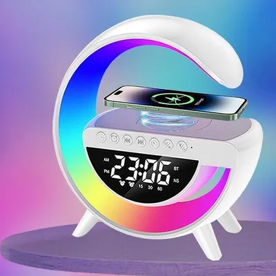 Produktbild von LED-Nachtlampje, multifunktionale Nachtschaltischlampe, Bluetooth-Lautsprecher und Wecker, drahtlos, oplaadbaar, LED-Licht, ideal für Menschen, die leicht schlafen, weiß, Nachtkastenlampe