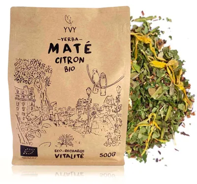 Produktbild von YVY MATÉ –  Yerba Mate Zitrone 500 g – ganze Fruchtschalen, frisch & belebend, ungeräuchert – milder Koffein-Kick