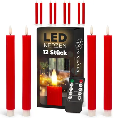 Produktbild von Stabkerzen LED mit Timer ROT 12 Stück indoor - 6 Stunden - ECHTWACHS gerippt 23cm Höhe für Kerzen 2,2cm Durchmesser 2 AAA Batterien notwendig LED Stabkerzen 2er Set ROT (drei Mal) bewegliche Flamme