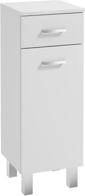 A white bathroom cabinet with two drawers and a door, standing on four silver legs.