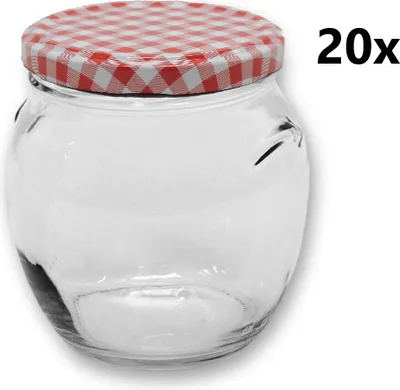 A clear glass jar with a red and white checkered lid, with the text '20x' on the right side.