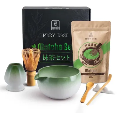 Produktbild von Mary Rose - Matcha Tee Geschenkset Premium 100g - Mit Grün Keramik Matchawan Hayashi Schale 420ml, Kusenaoshi - Bambus Chasen, Besen, Chashaku
