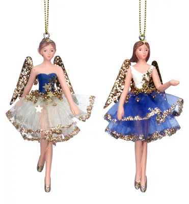 Fee-Deko-Set, 2 Stück, Harz/Stoff, 10 cm, cremeblau-gold