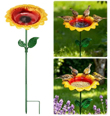 Image de Abreuvoir pour oiseaux, en métal, design tournesol, diamètre 64 cm, hauteur 20 cm, résistant aux intempéries, idéal pour le jardin