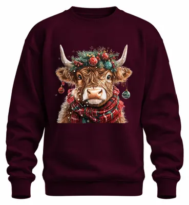 Zdjęcie produktu dla Christmas Cow Highland Cow Wreath Balls Scarf Winter Gift Uni  Sweatshirt Pullover, bordowy, 3XL