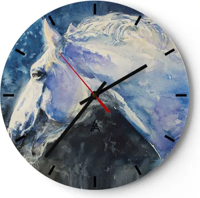 Produktbild von Wanduhr - Rund - Glasuhr - Pferd Aquarell Porträt - 30x30cm - Schleichendes Uhrwerk - Lautlos - zum Aufhängen bereit - Dekoration Modern - Wanddekoration aus Glas - C3AR30x30-4272