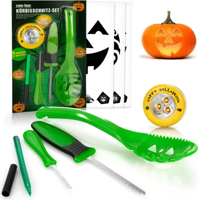 Produktbild von com-four® 14-teiliges Kürbis Schnitz-Set für Halloween - Schneide-Werkzeuge zum Aushöhlen von Kürbissen - Messer, Löffel, Stift, Schablonen und LED Kürbislicht