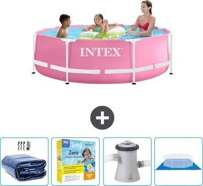 Produktbild von Intex Rond Frame Schwimmbad - 244 x 76 cm - Rosa - Inkl. Sonnenschutz - Wartungspaket - Schwimmbadfilterpumpe - Bodenschutz