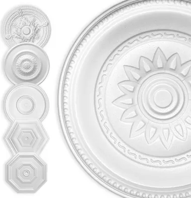 Produktbild von HEXIM Stuckrosette Styropor EPS weiß, Deckenrosette rund & eckig, Innendekor für Decke & Wand, Stuckrosette Lampe Wanddekoration Schlafzimmer Barock (50x50 cm Gänseblume)