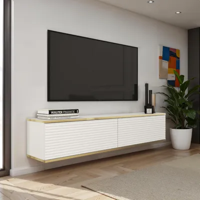 Obrázok produktu pre Banff TV135 MDF - TV skrinka, matná biela, dub artisan, šírka 135 cm, výška 30 cm, hĺbka 32 cm