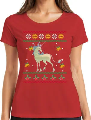 Produktbild von Das letzte Einhorn - Ugly Christmas Sweater Weihnachten Weihnachtsgeschenk Damen T-Shirt, Rot, S