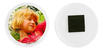 A split image showing a child's face on the left and a black square on a white background on the right.