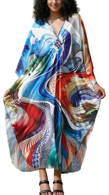 Imagen del producto de Solidchoice - Vestido largo tipo caftán, talla grande, estampado floral, ideal para cubrir el traje de baño en la playa