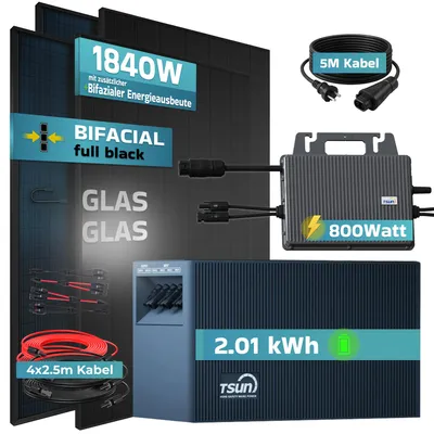 Produktbild von SUNNIVA® 1840W Balkonkraftwerk mit 2.01 kWh Speicher TSUN SOLARCAN TSOL-DCU2000Lite, 4x 460W BIFAZIAL FULLBLACK komplett Steckdose, Solarspeicher