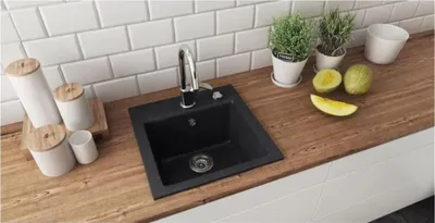 Produktbild von Alveus Spüle GEM 10 91 Granit schwarz quadratisch mit Abtropffläche 50 cm x 50 cm x 18 cm