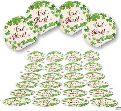 Produktbild von 24 Kleeblatt VIEL GLÜCK rot grün natur runde 4 cm Aufkleber selbstklebende Etiketten Geschenkaufkleber Verpackung Hochzeit Weihnachten Silvester48 Aufkleber / 2 Bögen
