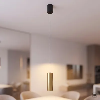 Produktbild von Pendelleuchte Messing Metall GU10 D: 4 cm rund H: max. 130 cm in Schwarz Modern Hängeleuchte, KI-generiertes Bild