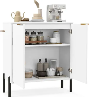 Zdjęcie produktu dla KOMFOTTEU Szafka kuchenna z 2 drzwiczkami, kredens z zestawem antyprzechyleniowym i metalowymi nogami, szafka bufetowa boczna 70 x 37 x 78 cm, do salonu, jadalni, biała