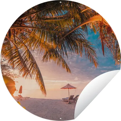 Produktbild von MuchoWow® Gartenposter Outdoor-Poster Rund Strand - Palme - Meer Ø 150 cm Gartendeko Rundes Poster draußen