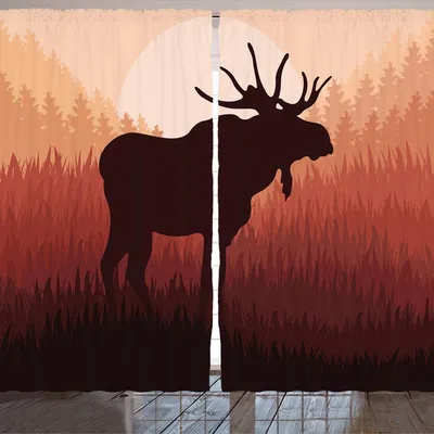 Produktbild von ARANDE Elch Gardine, Wildes Tier mit Geweihe Landschaft Abenddämmerung Warme Töne Illustration Muster, 280 x 225 cm, Pfirsich und Brown