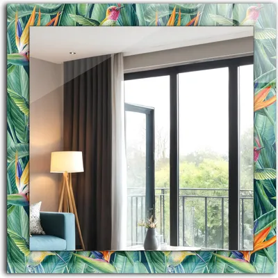 Produktbild von Dekorativer Wandspiegel - Bedruckter Spiegel - Motiv - 60x60 cm - Kolibris Und Blumen