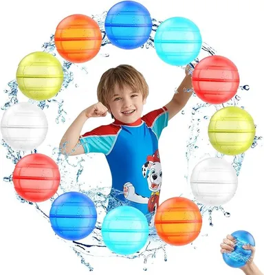 Produktbild von Wasserbomben 12er Set wiederverwendbar Silikon mit Schnellfüll-System – 6 Farben, weich,sicher,kein Knoten nötig,perfektes Wasserspielzeug für Sommer