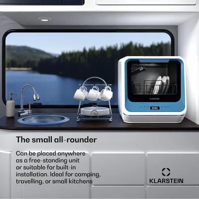 Obrázek produktu pro Klarstein Amazonia mini myčka nádobí - kompaktní stolní myčka s nádržkou na vodu, 7 programů, 5 l, digitální displej, tichá 58 dB, , přenosná pro malé kuchyně a cestování, modrá barva