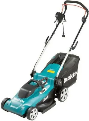 A teal and black electric lawnmower is shown against a white background.