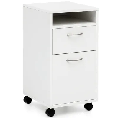 Produktbild von Rollcontainer WL5.901 Weiß 33x63x38 cm Schreibtisch-Unterschrank Holz, Roll-Kommode Modern, Bürocontainer Schubladenschrank mit Tür, Kleiner Schreibtischschrank mit Rollen