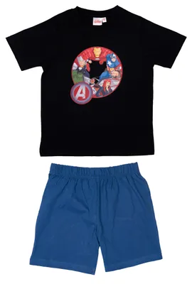 Produktbild von Marvel The Avengers Schlafanzug für Jungen - Kinder Pyjama Set Kurzarm Oberteil mit Hose Schwarz/Blau 110-116