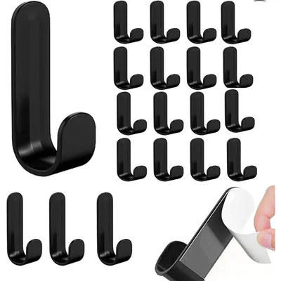 Produktbild von 20 selbstklebende Wandhaken, schwarz, selbstklebende Kunststoffhaken, schwarze Handtuchhaken, kein Bohren erforderlich, für Bad, Küche, Kleiderschrank