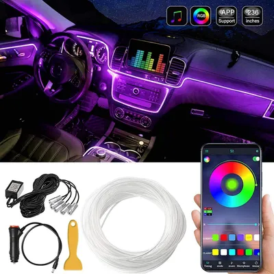Obrázek produktu pro LED interiérové osvětlení pro auto, 16 milionů barev, s 5,8metrovým světlovodem, RGB, ovládání pomocí aplikace, zvuková aktivace