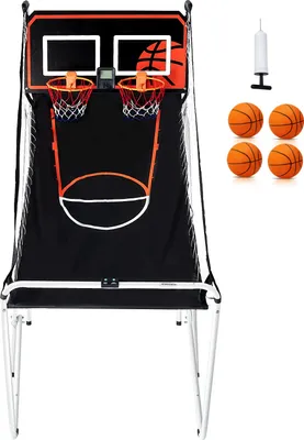 Image de SucceBuy Jeu d'arcade de basket-ball pliable, sport d'intérieur pour 2 joueurs, 4 ballons, 8 modes, panneau d'affichage électronique LCD, pompe de gonflage, pour enfants et adultes (noir et blanc)