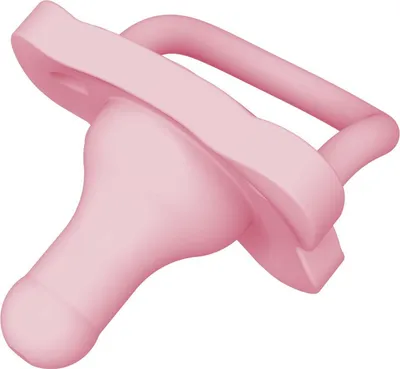A pink pacifier on a white background.