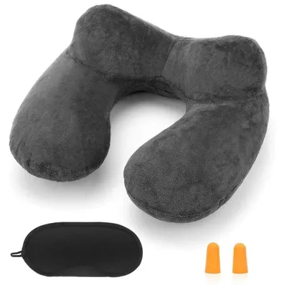 Obrázek produktu pro Polštářek na krk, cestovní polštář, nafukovací, ergonomický, s potahem z veluru, tmavě šedý. Součástí balení je příslušenství