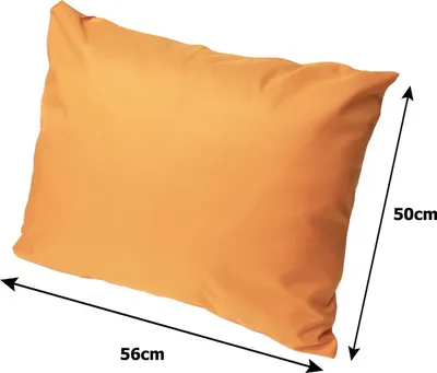 An orange pillow with dimensions indicated by arrows and text.