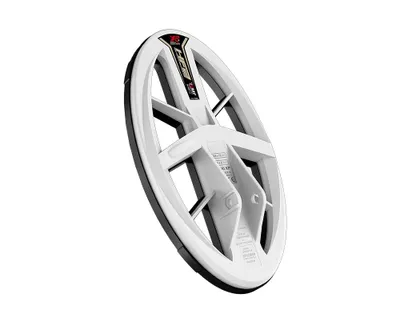A white metal detector coil with black trim, set against a white background.