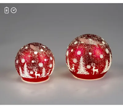 Produktbild von 2er Set LED Kugeln WINTERZEIT mit Sternschnuppe rot 10 + 12cm Glas Timer Formano