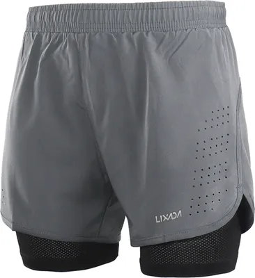 Produktbild von Herren Laufshorts 2-in-1 - Schnell trocknend, atmungsaktive Sportshorts in Mittelgrau+Schwarz, Größe L für Fitness und Joggen