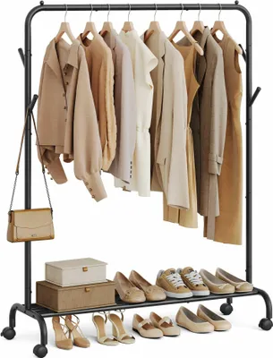 Produktbild von Mobiler Kleiderständer mit Seitenhaken und Ablage, Schwarz, 155 cm