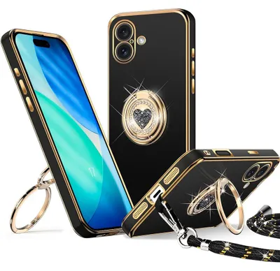 Image de Coque pour iPhone 17, Silicone Souple Anti-Rayures avec Cordon et Anneau Rotatif Brillant - Noir