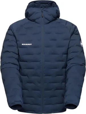 A studio shot of a blue hooded jacket.