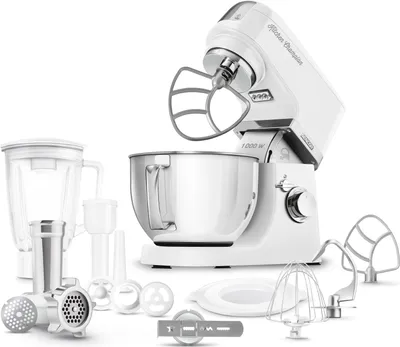 Produktbild von SENCOR STM 6350WH Kuchyňský robot, 1 000W motor s 6letou zárukou, 8 rychlostÍ, funkce pulse, 4,5 l nerezová nádoba, 1,5 l skleněný mixer, 4 nástavce, masomlýnek, osvětlení nádoby