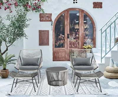 Zdjęcie produktu dla Happy Home, zestaw ogrodowy 5-elementowy, model HGS56-DGR, wykonany z białego i czarnego rattanu, z poduszkami siedziskowymi w ciemnoszarym kolorze